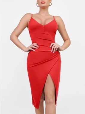 Popilush Shapewear Sculpting Wrap Midi Slip Dress in Red